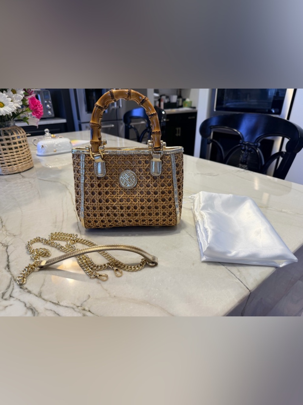 Lilly Pulitzer has  Woven Bamboo Handle Straw Handbag with Gold Trim - Natural